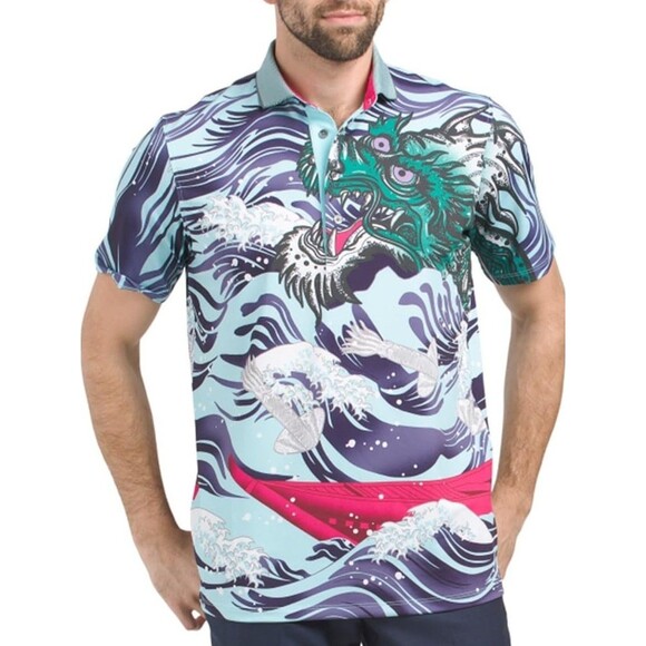 Greyson Other - NWT Greyson Polo Shirt Mens XL Mythical Sea Dragon Skystone Japan Waves AOP Golf